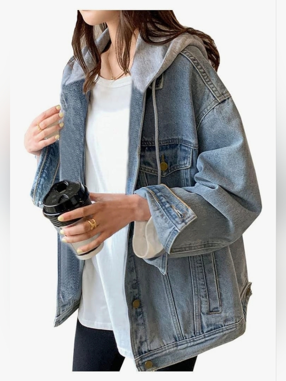 Women's Light Blue Denim Jacket with Attached Grey Hoodie
